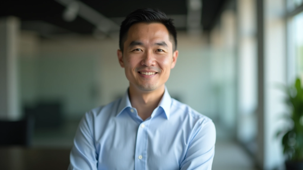 Man in professional setting, focused expression, portrait from chest up, natural office lighting