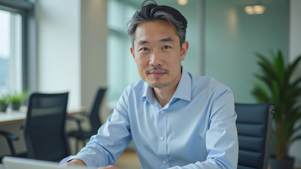 Professional man in thoughtful pose at modern desk, upper body, office with minimalist design