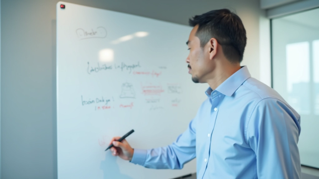 Person writing notes on whiteboard during planning session, collaborative workspace with colorful markers and sticky notes visible, bright natural light