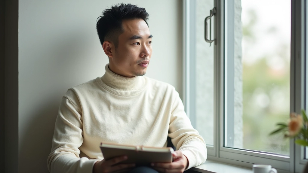Person in thoughtful pose looking out window with notebook, reflecting and planning, natural morning light from window, minimalist workspace
