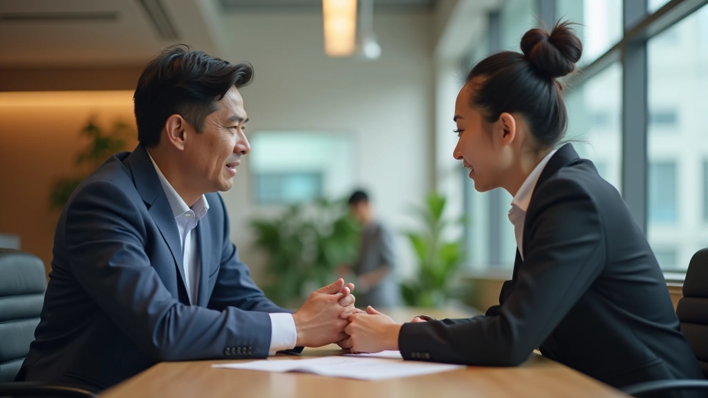 Two professionals in discussion, seated across from each other, casual business setting, natural lighting