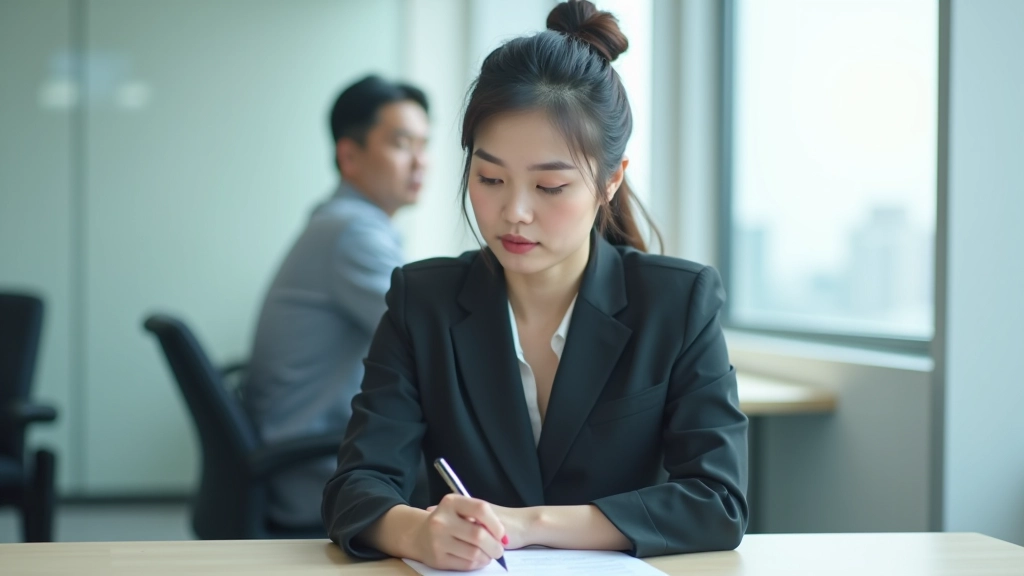 Woman at desk with notebook and pen, hand on desk, focused on work, natural window lighting, overhead perspective