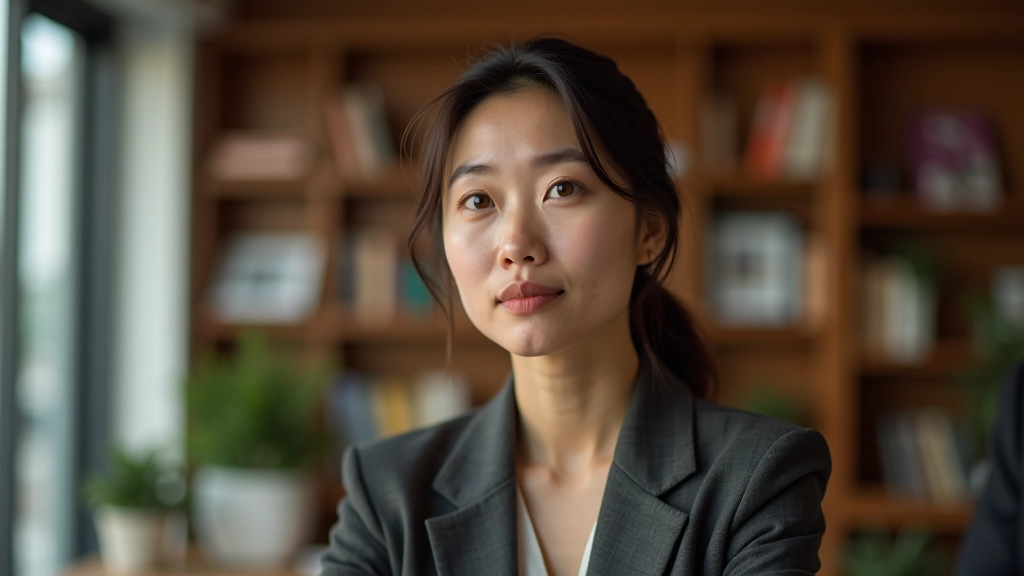 Professional woman at desk, upper body portrait, warm office lighting with bookshelf background