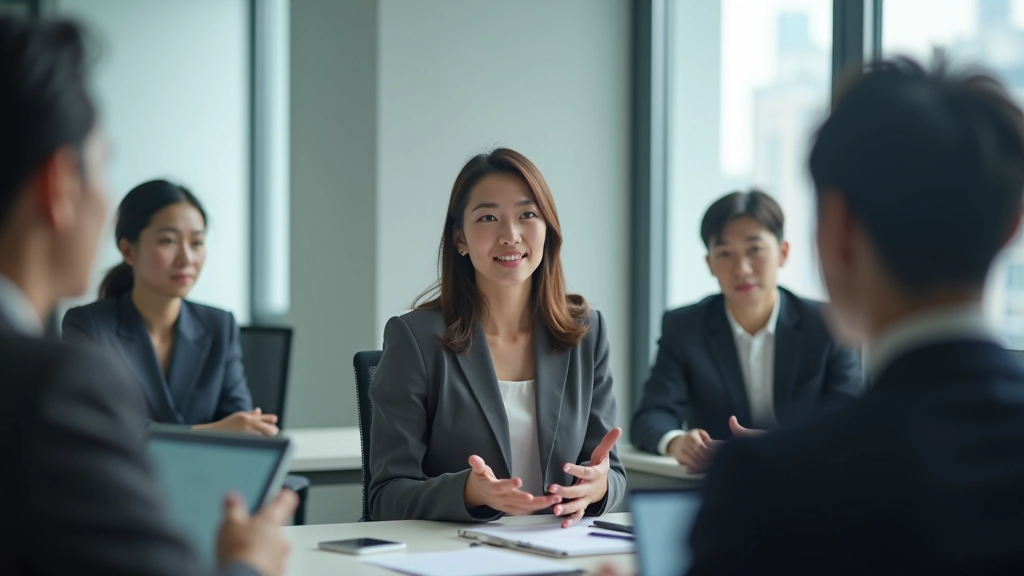 Professional woman in confident pose during high-pressure meeting