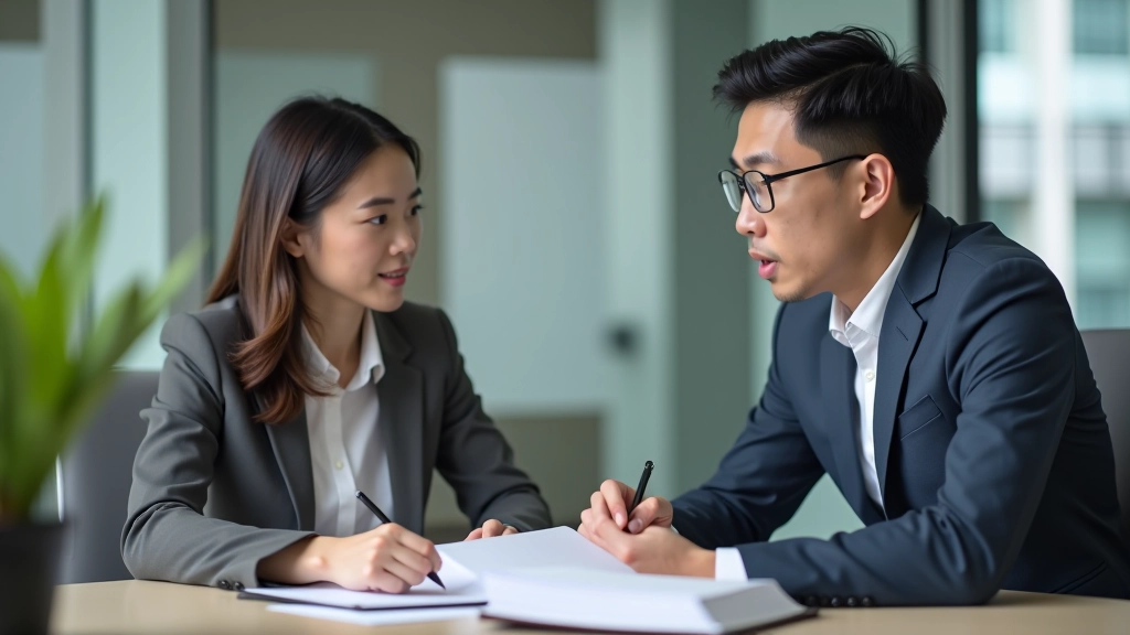 Two professionals in business meeting, one speaking while other takes notes, focused body language