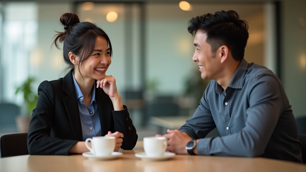 Two colleagues having positive conversation over coffee at office table, both smiling, relaxed body language, modern bright office environment