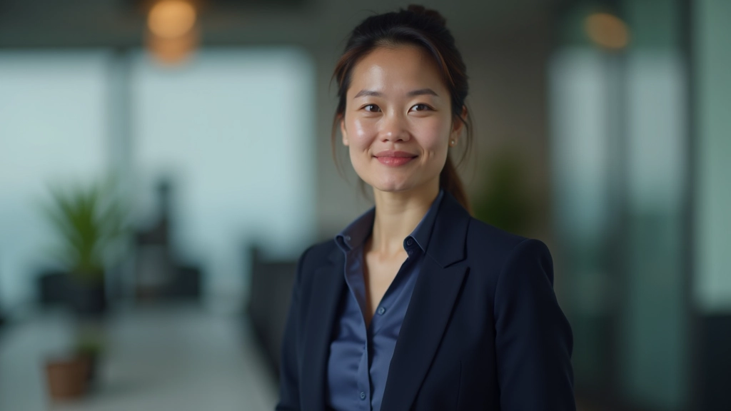 Professional woman in blazer, upper body portrait, office environment, thoughtful expression