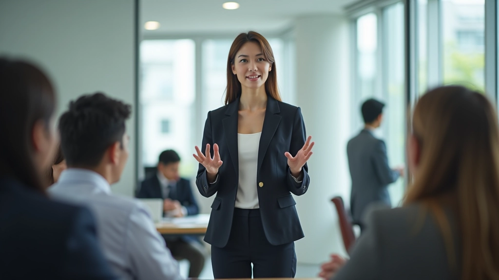 Professional woman presenting to colleagues in modern office