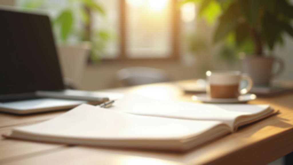 Hands on wooden desk with notebook and pen, morning coffee, natural workspace lighting